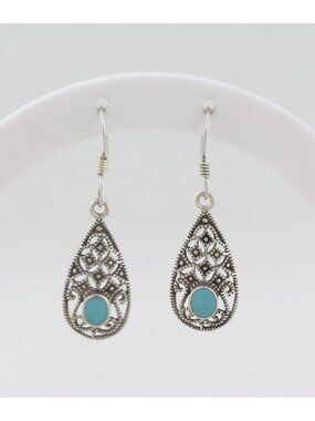 Sterling Silver Turquoise Earrings Dangle Drop 1 3/8" x 3/8"